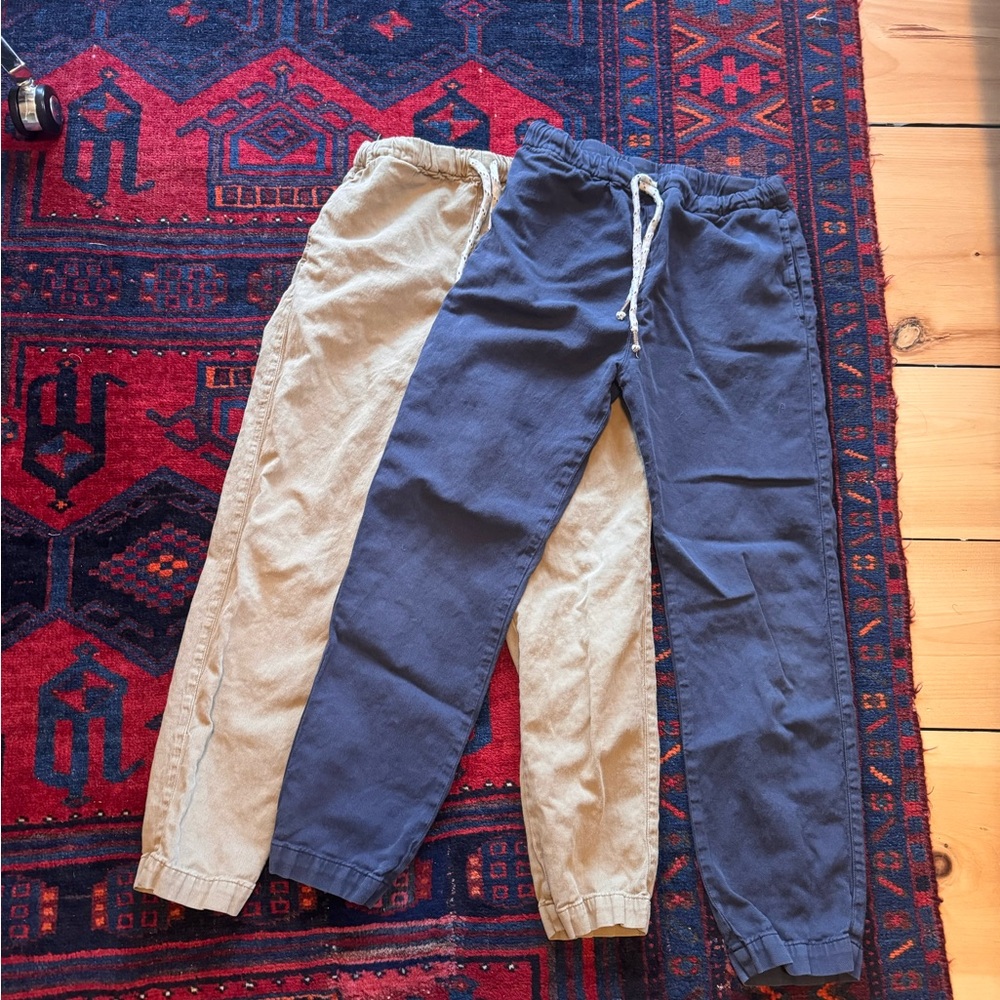 bottega chilometri zero drawstring pants kids sz 12 (8/10yr), 2 pair navy & tan